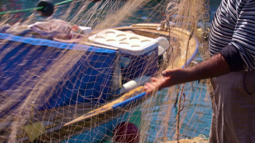 Fisherman Pulling Net Boat Footage.