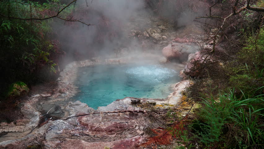 Slow-motion Wide shot of colourful Geothermal pool at Orakei Korako Geothermal Park and Cave in Taupo, New Zealand.