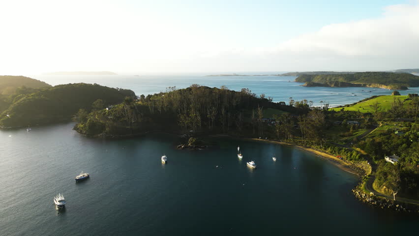 Aerial view of parking boats at Oban on Stewart island ,New zealand Royalty-Free Stock Footage #1104120143