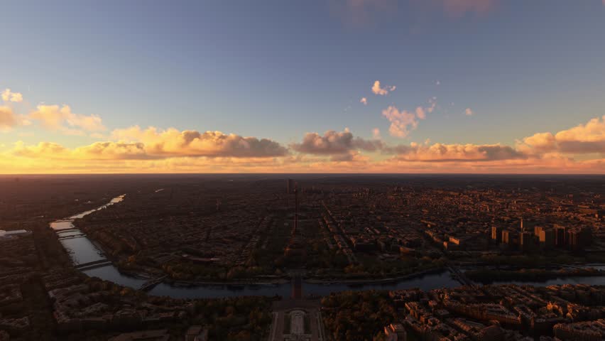 3D - Aerial - Flying over the city of Paris at sunset with the Eiffel Tower in the background. France