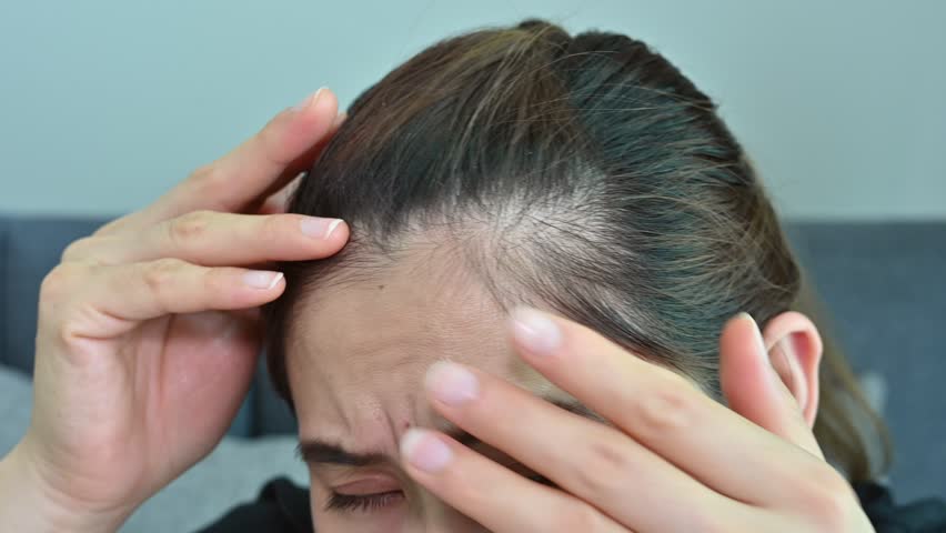 Asian woman worrying about her forehead with part of her thin hair, she had hair loss problem. Female pattern hair loss can progress from a widening part to overall thinning. Royalty-Free Stock Footage #1104124975