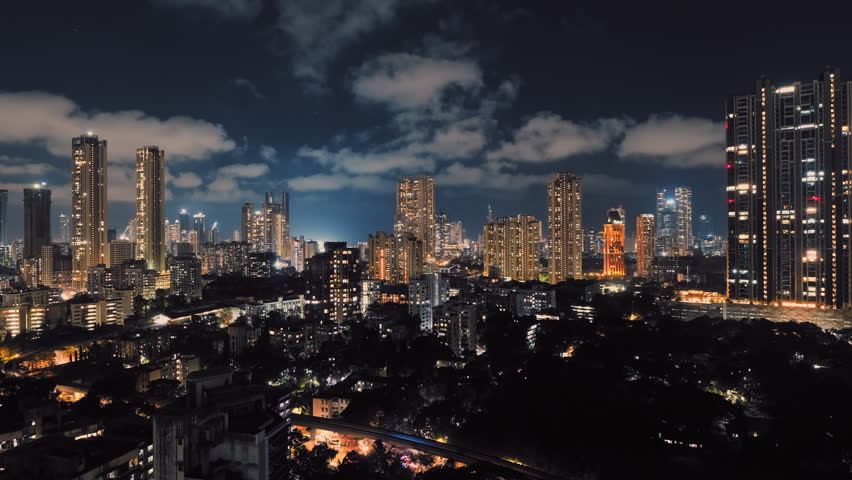 Mumbai skyline Timelapse at night. Mumbai night view cityscape- Parel Dadar skyline.