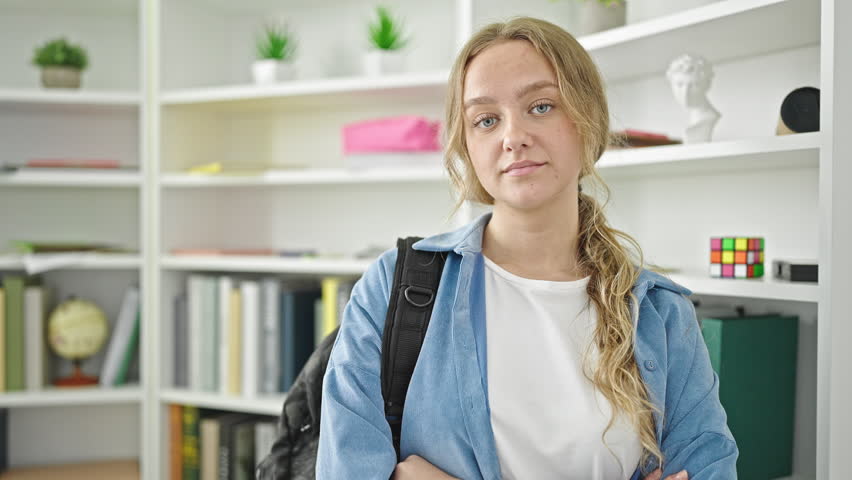 Young blonde woman student wearing backpack standing with arms crossed gesture at library university
