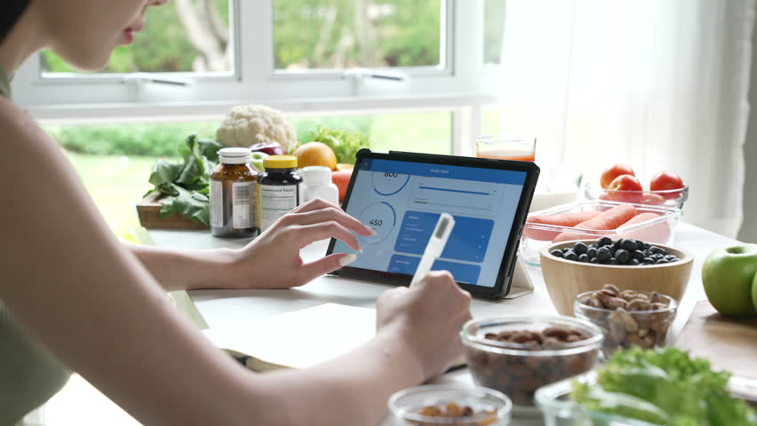 Woman Asian Professional Nutritionist busy working and checking data from a tablet with a variety of fruits, nuts, vegetables, and dietary supplements on the table Royalty-Free Stock Footage #1104139483