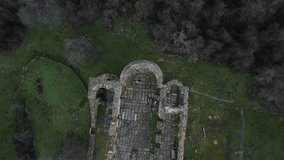 Aerial 4K Drone Footage: Ancient Cathedral Ruins on Saint Achilleus Islet, Lake Prespa, Macedonia, Greece