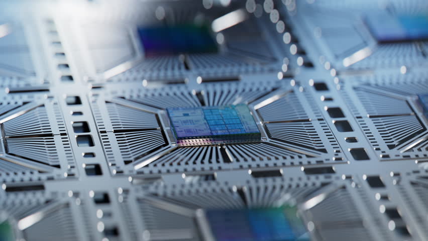 Close-up of Advanced Microchip with Colorful Reflections. Silicon Die Attached to Substrate during Computer Chip Manufacturing and Production at Fab. Semiconductor Packaging Process. Royalty-Free Stock Footage #1104142205
