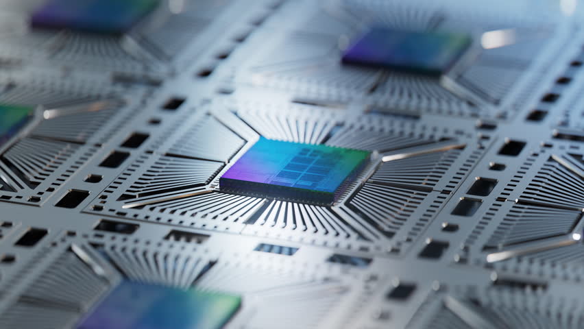 Close-up of Advanced Microchip with Colorful Reflections. Silicon Die Attached to Substrate during Computer Chip Manufacturing and Production at Fab. Semiconductor Packaging Process. | Shutterstock HD Video #1104142205