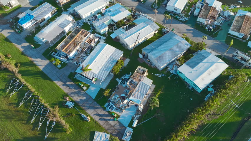 Severely damaged by hurricane Ian houses in Florida mobile home residential area. Consequences of natural disaster