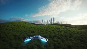 4K, Fake 3D video game. Utopia city spaceship fake game