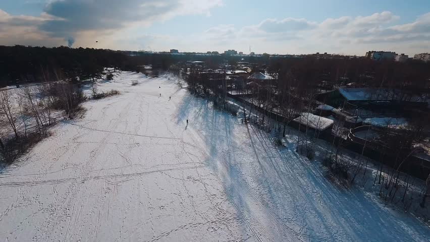 Nizhny Novgorod, Russia, January 31, 2023. FPV shooting of skiers, aerial shooting of skiers, cross-country skiing