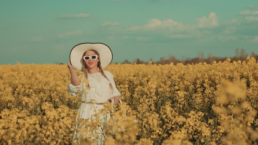 Beautiful young woman in white dress on yellow flower meadow in sunset