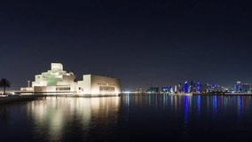DOHA, QATAR - APRIL, 2023: City skyline timelapse video night lights skycreapers downtown, Middle East