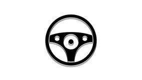 Black Steering wheel icon isolated on white background. Car wheel icon. 4K Video motion graphic animation.