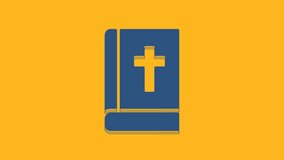 Blue Holy bible book icon isolated on orange background. 4K Video motion graphic animation.