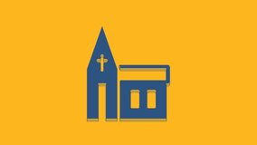 Blue Church building icon isolated on orange background. Christian Church. Religion of church. 4K Video motion graphic animation.