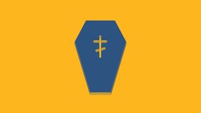 Blue Coffin with christian cross icon isolated on orange background. Happy Halloween party. 4K Video motion graphic animation.