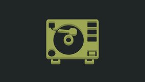 Green Vinyl player with a vinyl disk icon isolated on black background. 4K Video motion graphic animation.