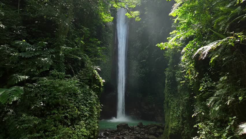 Drone shoot. Waterfall hidden in tropical rainforest jungle,  falling water hitting water surface, some huge rocks seeable in through splashes. Lush green leaves is moving from the wind. Philippines Royalty-Free Stock Footage #1104167703