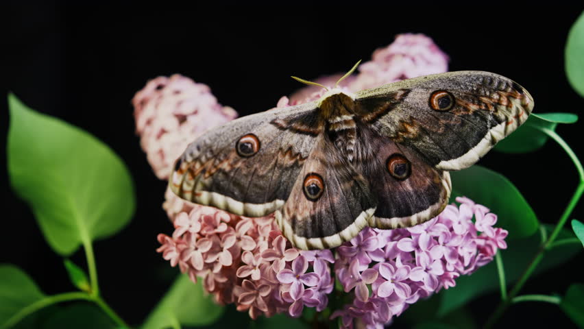 European night butterfly - Saturnia pyri, giant peacock moth on lilac branch