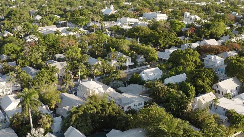 Aerial view of Key West, Florida landscape and cityscape of houses and neighborhood - 4K Drone