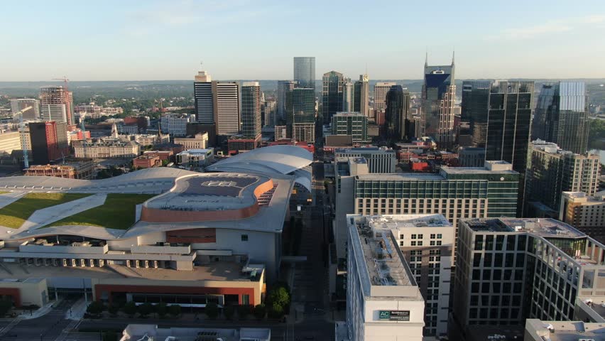 Aerial views from over downtown Nashville Tennessee in the morning.