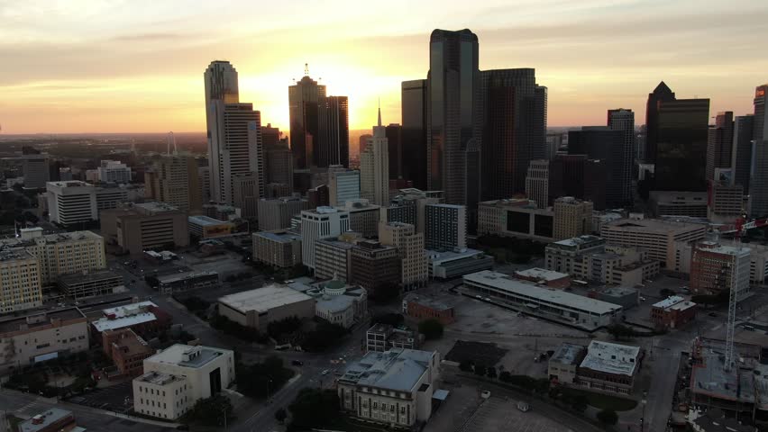 Aerial Views from over downtown Dallas, Texas at sunset