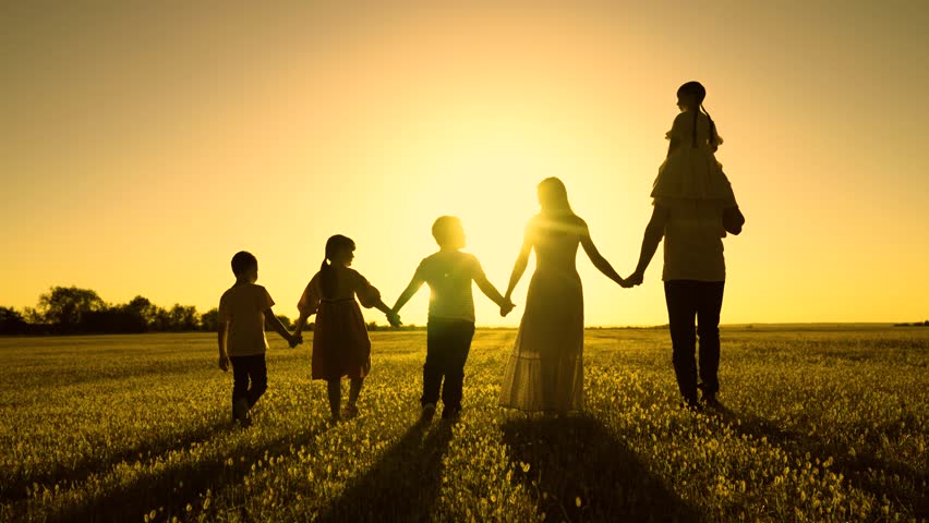 Funny weekend family with children walks through field. Big family, group of people in nature, holiday. Daughter on shoulders of dad, mom, son, walk hand in hand outdoor. Parental care for children Royalty-Free Stock Footage #1104171129