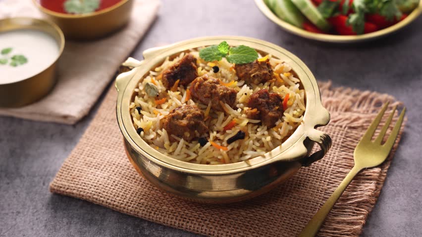 Mutton biryani Spicy Indian Malabar biryani Hyderabadi biryani. Dum Biriyani pulao golden bowl Kerala India Sri Lanka Pakistan. Basmati rice mixed rice dish with meat curry Ramadan Kareem Eid. Royalty-Free Stock Footage #1104174649