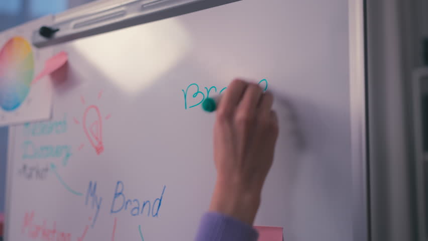 Businesswoman writing notes on board, planning new business, fashion designer