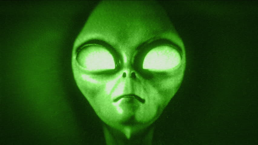 An Alien Grey face emerges from hypnotic television noise static with a weak TV signal and noise effects in a green night vision style.