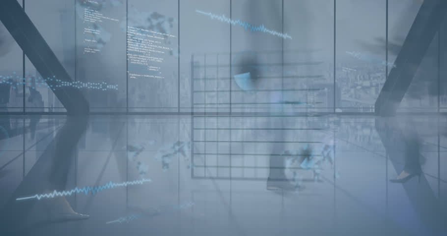 Animation of statistical data processing over time-lapse of low section of people waking at office. Computer interface and business data technology concept Royalty-Free Stock Footage #1104185639