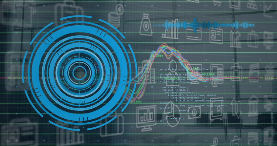 Animation of round scanner, digital icons and data processing against time-lapse of people walking. Computer interface and business technology concept Royalty-Free Stock Footage #1104187219
