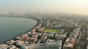 MUMBAI, INDIA - CIRCA 2021: Aerial view of city in India at sunrise, CCI-Brabourne Stadium at sunrise