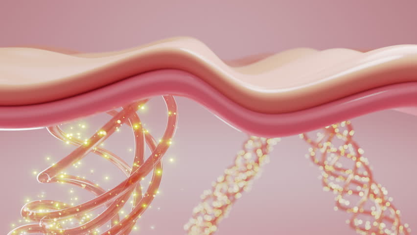 Pink collagen serum drop through skin cell to enhancing and repair collagen and elastin, return youth to face skin. 3D rendering. | Shutterstock HD Video #1104197625