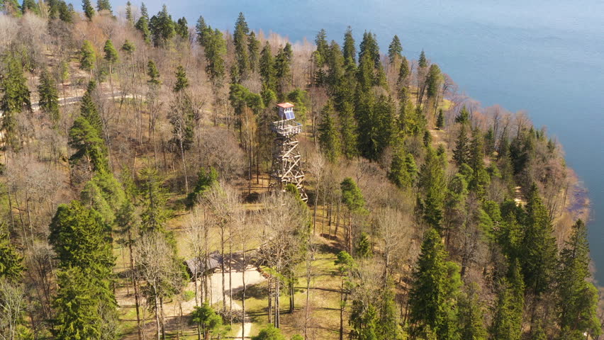 View tower in Aluksnes pilssala, eco tourism in aerial view