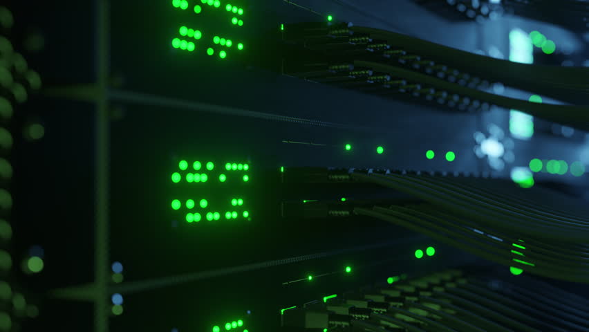 Futuristic High-Speed Data Center Network Connections. Fiber Optic and Ethernet Cables, Server Rack Lights, AI GPU CPU Cloud Computing, Big Data Analytics, Cybersecurity Digital Technology Background. - Powered by Shutterstock - Get 15% off with code: PIKWIZARD15