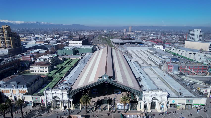 Central Train Station At Santiago Metropolitan Region Chile. Cityscapes High Buildings. Town Sky District Urban. Town Outside District Downtown Up Above. Town Urban City Landmark.