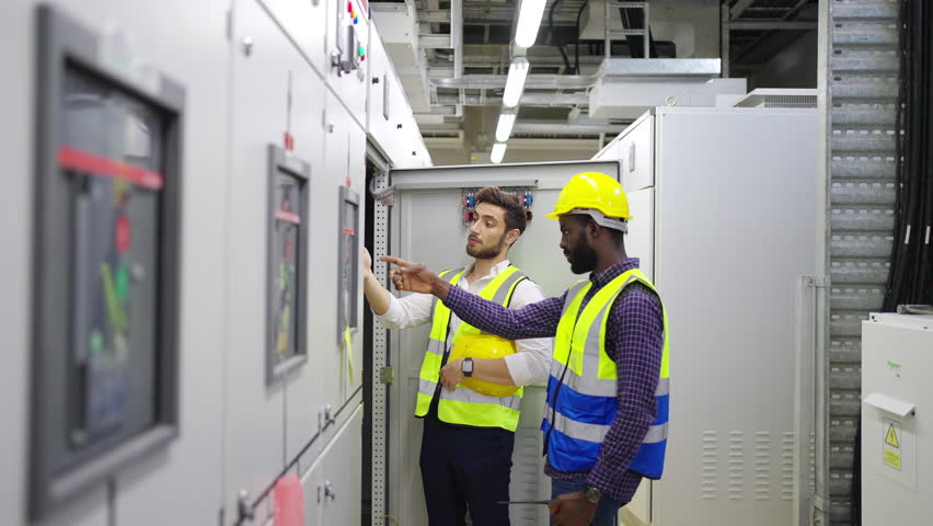 Professional electrical engineer in safety uniform working at factory server electric control panel room. Industrial technician worker maintenance checking power system at manufacturing plant room. Royalty-Free Stock Footage #1104203629