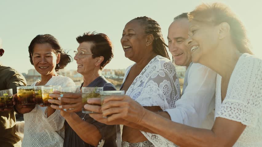 Happy multiracial senior friends having fun drinking and toasting mojitos on the beach during sunset time - Elderly people enjoying summer holidays Royalty-Free Stock Footage #1104204127