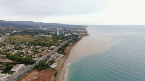 Aerial view on Coast of sea buildings and resorts in Marbella, Spain. Drone video of Costa Del Sol