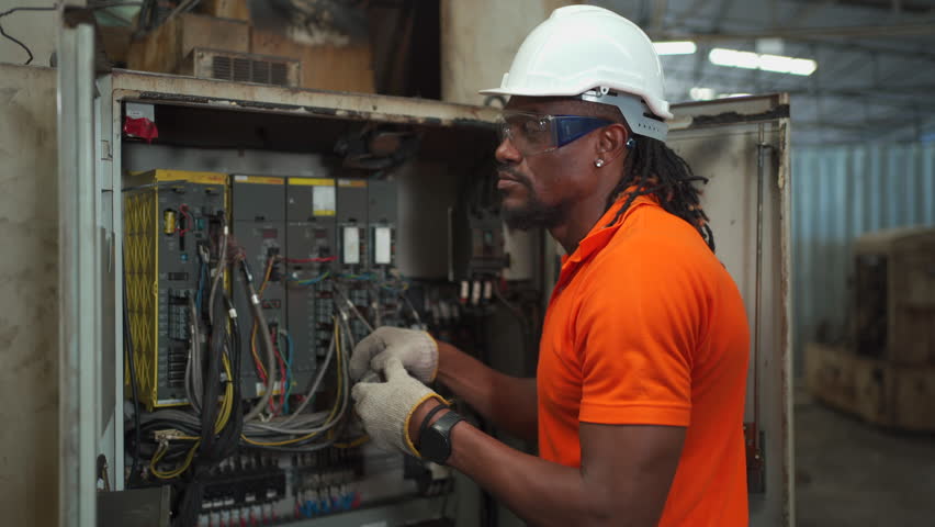 Professional electric engineer or repairman inspecting a broken electrical circuit board or fuse board in the factory, a maintenance engineer repairing a fuse box and electrical circuit. Royalty-Free Stock Footage #1104207533