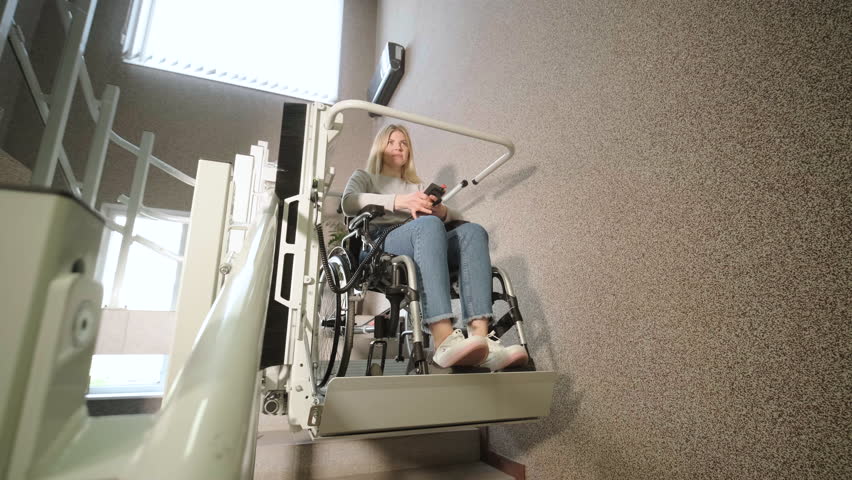 A girl in a wheelchair effortlessly ascends the stairs using a stair lift. | Shutterstock HD Video #1104209639