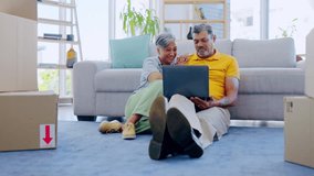Happy conversation, laptop and elderly couple moving, talking and online search for new house relocation service. Love bond, apartment boxes or relax senior people typing on home property floor - Powered by Shutterstock - Get 15% off with code: PIKWIZARD15