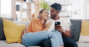 Couple, smartphone and relax on sofa with social network app, blog or video with communication in home. Man, woman and phone on couch with hug, conversation or reading with love, web chat or internet
