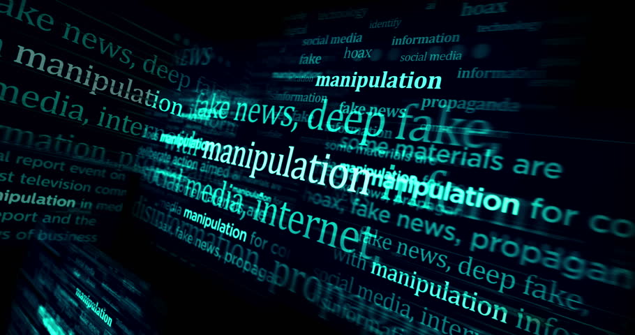 Manipulation disinformation hoax and social media deep fake news headline news across international media. Abstract concept of news titles on noise displays loop. TV glitch effect seamless and looped.