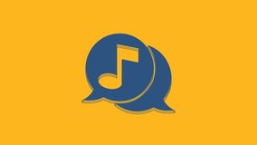 Blue Musical note in speech bubble icon isolated on orange background. Music and sound concept. 4K Video motion graphic animation.