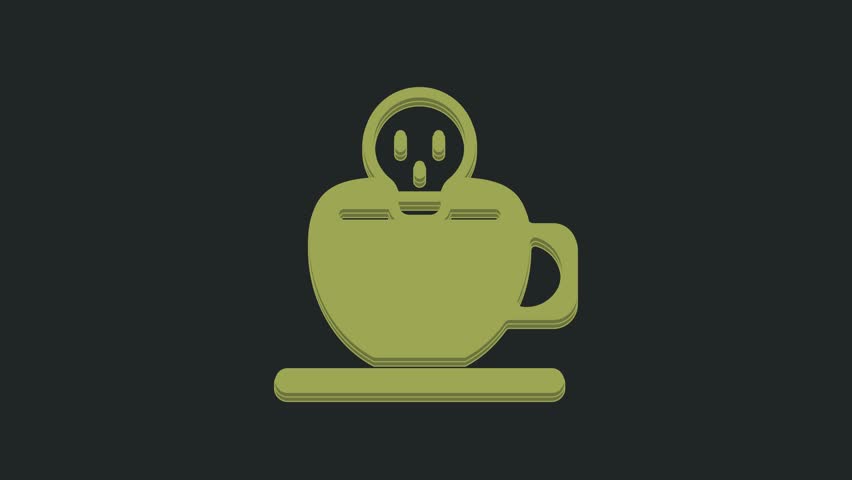 Green Coffee cup with skull icon isolated on black background. 4K Video motion graphic animation.