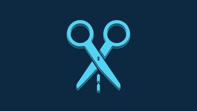 Blue Scissors with cut line icon isolated on blue background. Tailor symbol. Cutting tool sign. 4K Video motion graphic animation.