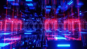 Hi-tech neon sci-fi tunel with hologram. Trendy neon glow lines form pattern and construction in mirror tunnel. Fly through technology cyberspace. 3d looped seamless 4k bright youth. 3D Illustration