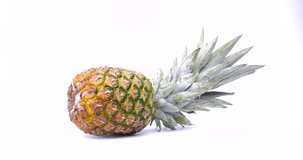 4K video of pineapple turning on white background.